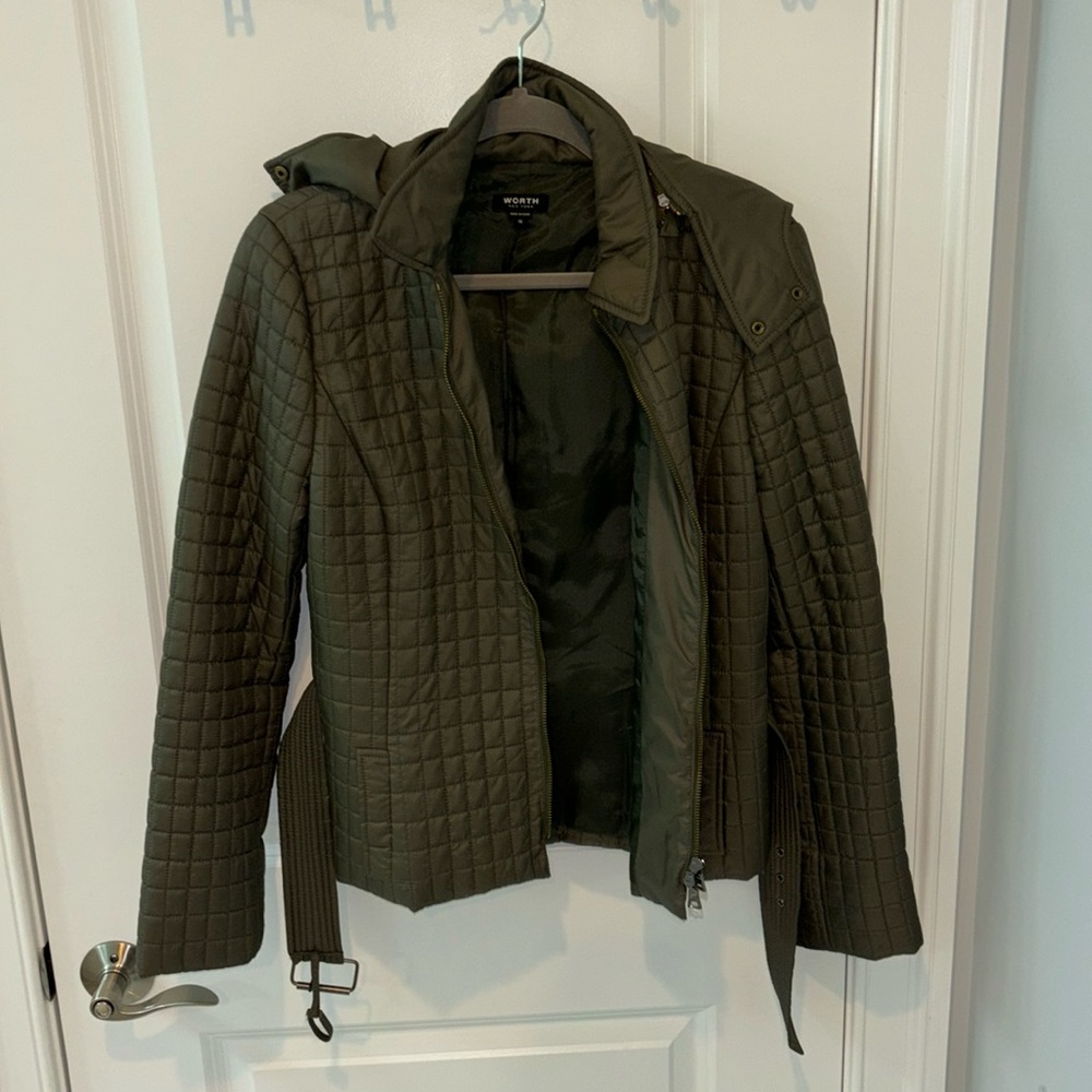 Worth New York quilted jacket with removable hood and belt